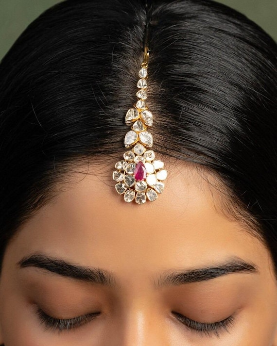 Ruby & Rose Cut Diamond Maang Tikka - Sterling Silver Polki Jewelry