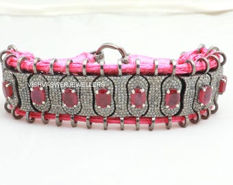 Ruby Pave Diamond Bracelet: Sterling Silver Macrame Thread, Handmade