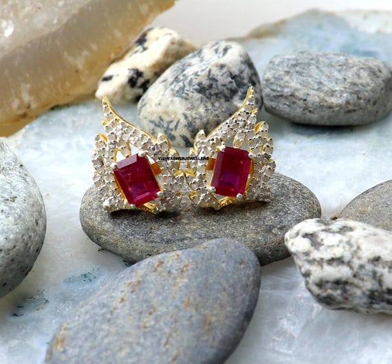 Ruby Feather Earrings: 925 Sterling Silver Studs With CZ