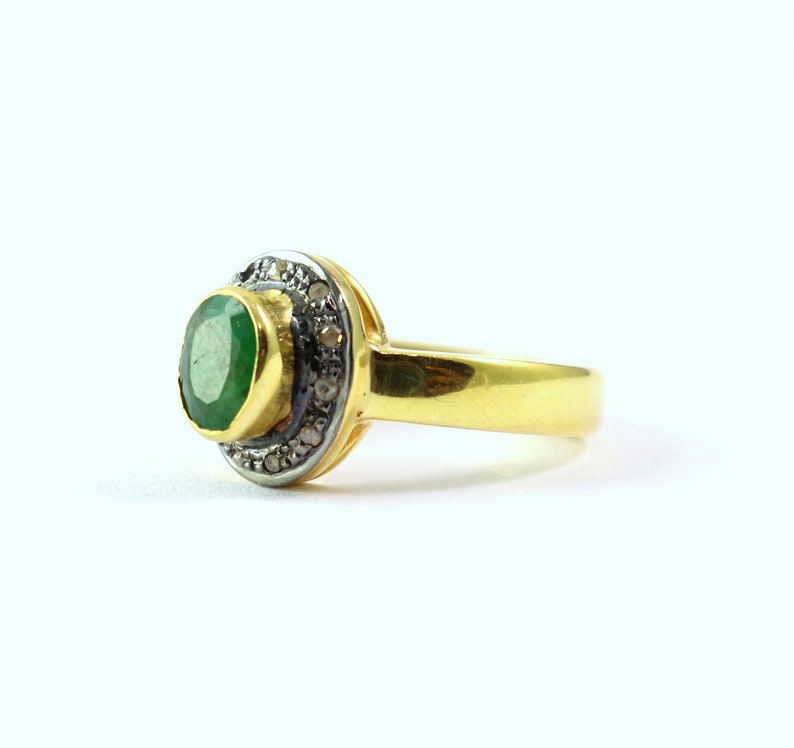 Amazing 925 Sterling Silver Ring Natural Emerald And Pave Diamond Handmade Ring Round Shape Ring Antique Finish Ring Victorian Style Ring