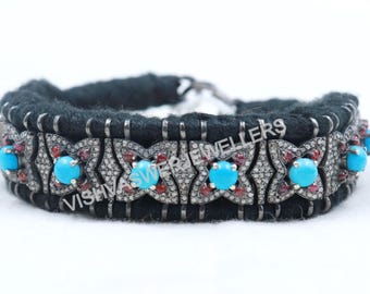 Turquoise Ruby Pave Diamond Bangle: Sterling Silver Macrame Bracelet