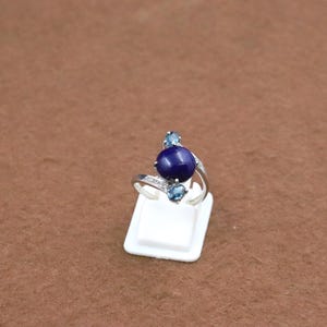 Lapis Topaz Diamond silver Ring, 3 stone Jewelry, Alternative engagement Ring, Anniversary Ring, wedding ring, flower ring, Customize ring