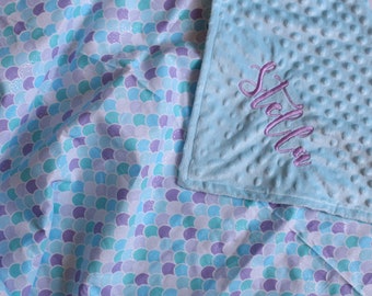 baby blanket baby girl baby shower gift ready to ship Mermaid scales flannel baby blanket blue reversible blanket receiving blanket