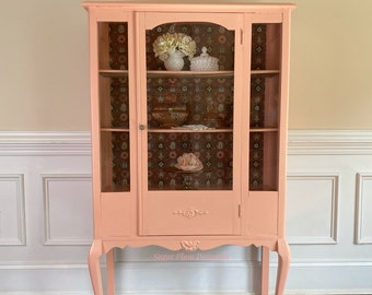 SOLD******Mid Century China Cabinet Refinished with Vintage Waverly Wall Paper and Custom Created Paint Color