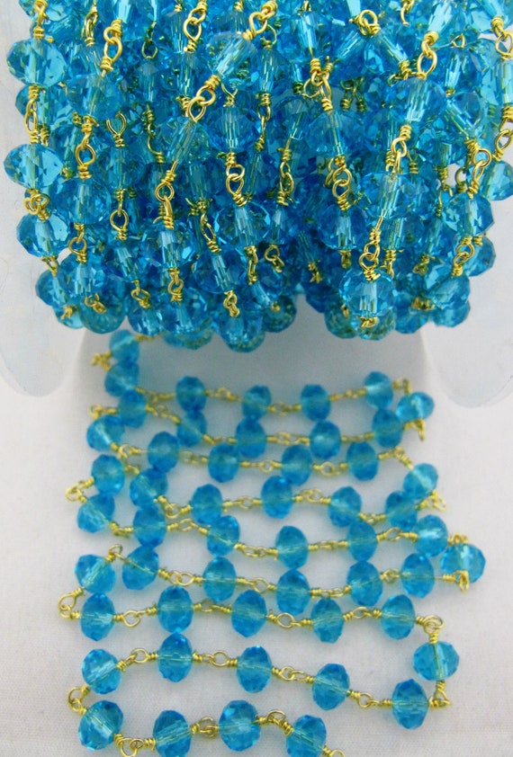 3 Ft-Blue Topaz Hydro Quartz Rosary Chain Rondelle Faceted Beaded 6mm Size Hydro Quartz Bead Chain Wholesale Prices Crystal chain