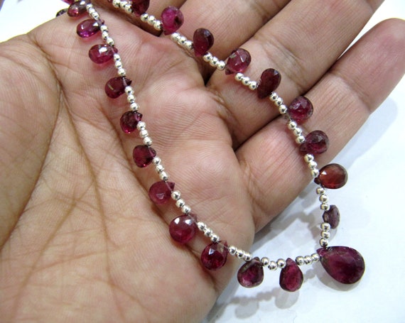 Natural Pink Tourmaline Briolette Faceted Pear Shape 4X6mm to 9X12mm Size Beaded Necklace 16 Inches Long With Magnetic Clasp