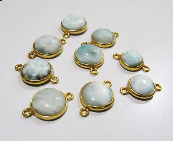 2 Pcs Set Natural Larimar Round Coin Shape Plain Smooth Bezel Connectors Larimar Stone Double  Loop Bezel Jewelry Making Bezel Connectors