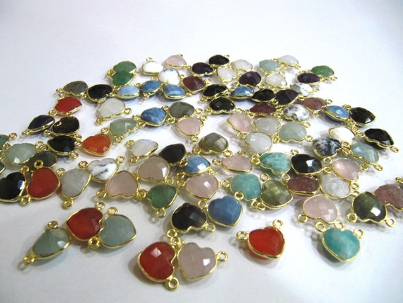 Natural Gemstone heart shape Double  loop Bezel Connectors Gold Plated 10mm Charms for jewellery making sold per piece