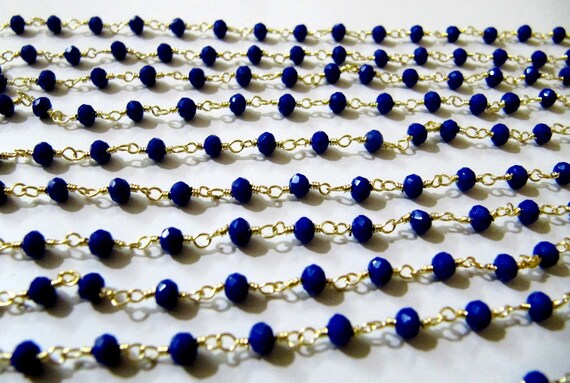1 Foot-: Peacock Blue Color Hydro Quartz Rondelle Faceted 3-4mm Size Beaded Wire Wrapped Rosary Chain Wholesale Prices