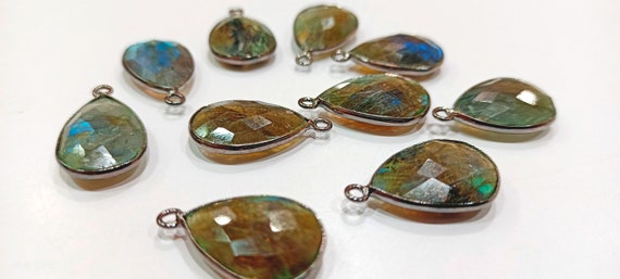 Natural Labradorite Pear Shape 13x17mm Briolette Faceted Blue Flashy Single Loop Bezel Connectors Sold Per Piece