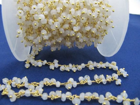 Natural Rainbow moonstone Dangling Chain Rondelle Faceted Beaded Cluster Chain 3-4mm Size Moonstone Bead Chain Wholesale Price Sold Per Foot