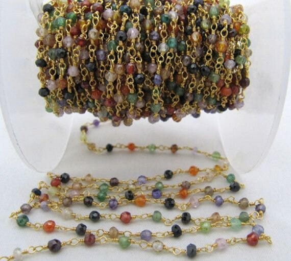 Multi Color Cubic Zirconia Rondelle Faceted  3-4mm Beaded Rosary Wire Wrapped Aati Chain Wholesale Prices Jewelry sold per foot