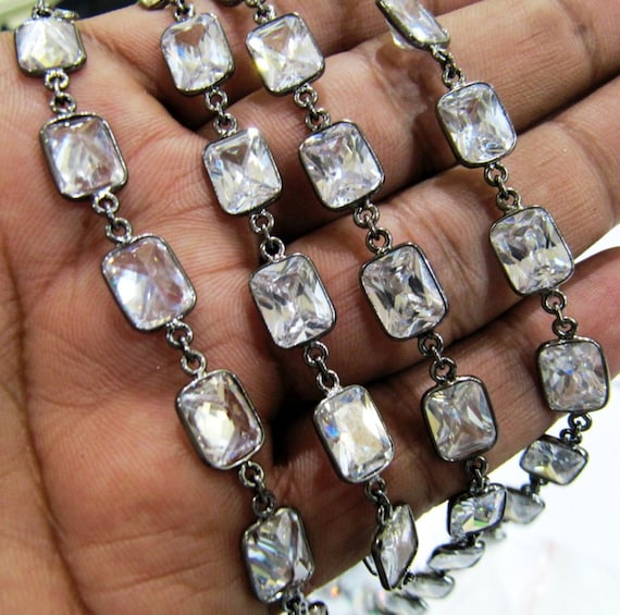 Natural White Cushion Shape Cubic Zirconia 8x10mm bezel Connector Chain Sold Per Feet Top Quality Wholesale Price
