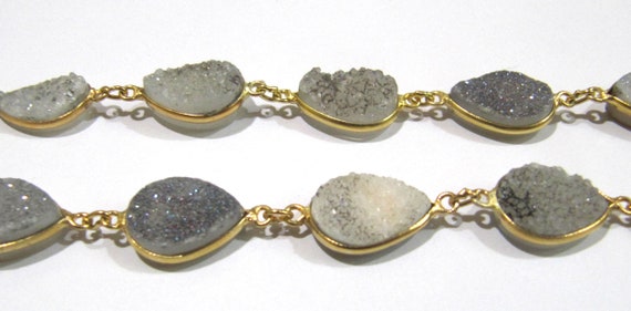 Natural White Sugar Druzy Pear Shape 10x14mm Connector Chain,Gold Plated Bezel Connector Chain Bezel Chain Sold Per Foot