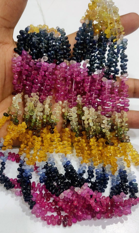 Natural multi Sapphire Teardrop Precious Gemstone Beads 3x5mm to 4x6mm Beads Choose the Length of strands