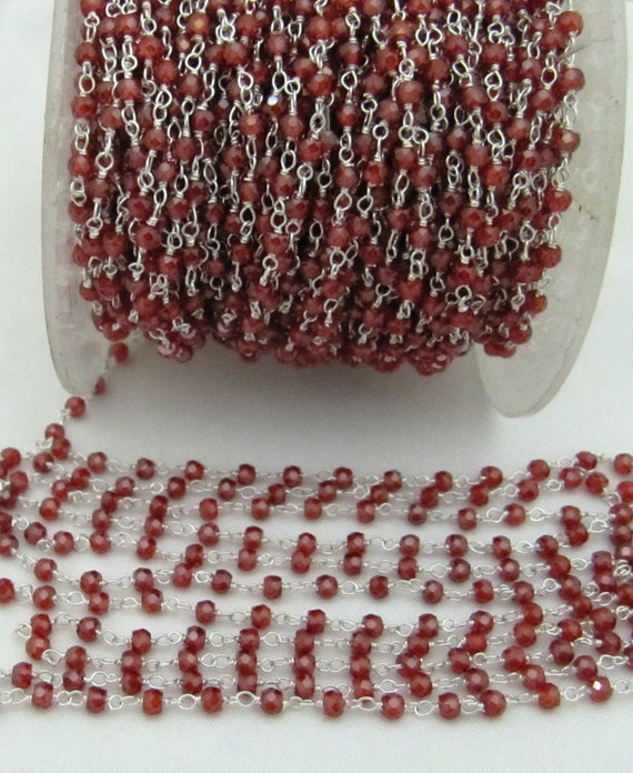 Natural Garnet CZ Rondelle Faceted 3mm Beaded Rosary Chain Handmade Wire Wrapped Chain Sold Per Foot Wholesale Price Jewelry making chain