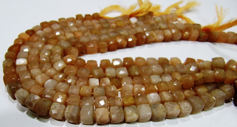 ON SALE Top Quality Moonstone 3D Box beads,Peach color Moonstone Faceted Cube Beads 6 to 7mm size,Superfine Cut and Polished Beads String 8i