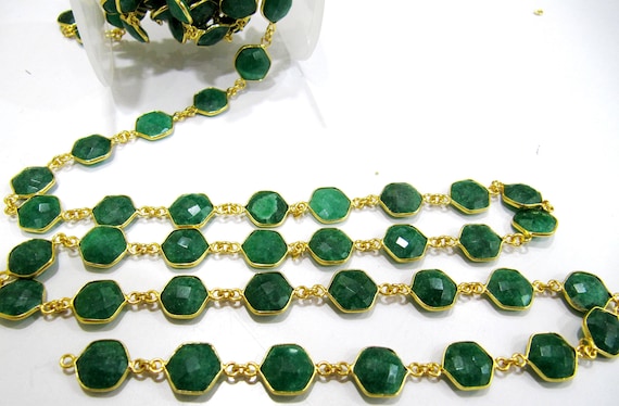 Dyed Emerald  Hexagon Briolette Faceted  Bezel Connector Chain 10 mm Sold Per Foot High Quality  Wholesale price Jewelry Making chain