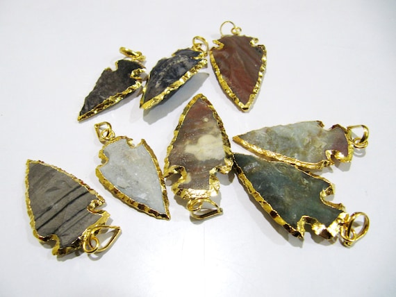 2 Pcs Set Natural Jasper Gold Electroplated Edge Single Loop Arrowhead Connector Charms Pendant Size 1 to 1.5 Inches Long