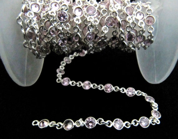 92.5% Sterling Silver Pink Round Cubic Zirconia 3mm bezel Connector Chain Sold Per Feet Top Quality Wholesale Price Jewelry making chain