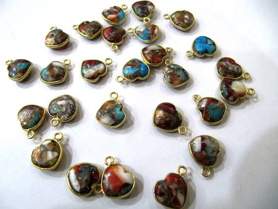 Natural Oyster Copper Turquoise heart Shape 10mm Briolette Connectors Single side loop Bezel Charms Sold per Piece