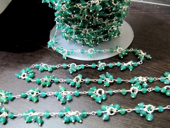 1 Foot - Natural Green Onyx beaded Flower Chain, Beads 3 to 4mm Rondelle faceted,Cluster Rosary Dangling Chain Semi Precious Beads
