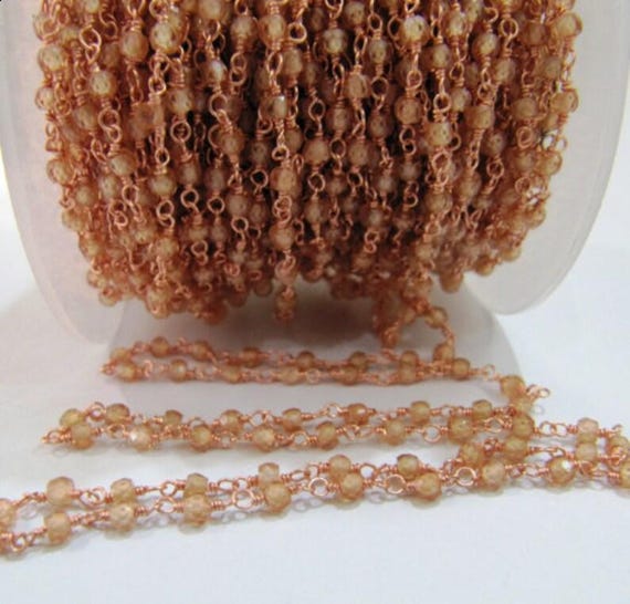 Champagne color CZ Rondelle Faceted  3mm Size Cubic Zirconia wire wrapped Beaded Rosary Chain Sold per Foot