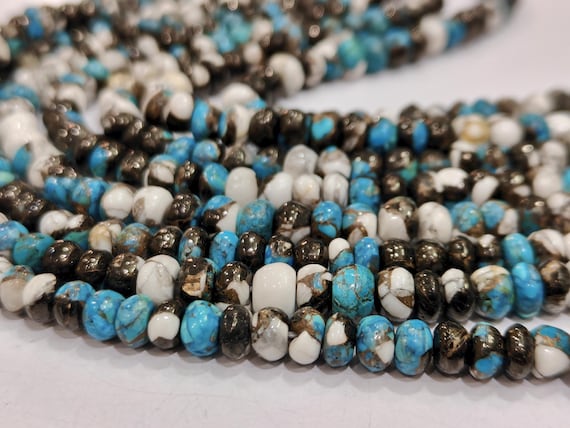 Natural Kingman Blue and White buffalo Turquoise 6 & 8mm Beads Sold Per Strand 8 inches Long