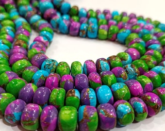 Natural Green Purple Blue Copper Turquoise Rondelle Plain Smooth 8mm Gemstone Beads Sold Per Strand 8 Inches Long