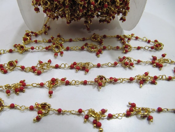 3 Ft- Red Coral Hydro Quartz Plain smooth Round Dangling 2mm Beads Chain Wire Wrapped Chain Wholesale Prices Jewelry Making