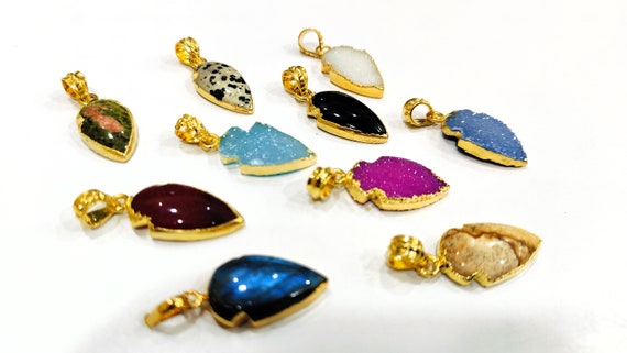 Natural Gemstones Arrowhead Charm Pendant Connectors Size 30 to 40mm 22kt gold Electroplated Pendants sold per piece Choose Stone