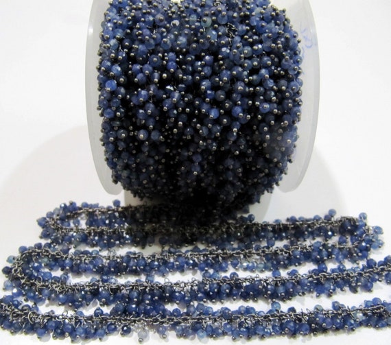 Blue Sapphire Rondelle Faceted 3mm Beads Cluster Rosary Chain Wire Wrap Dangling Beaded handmade chain Sold Per Foot Wholesale Price