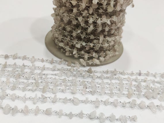 Natural Rose quartz Wire Wrapped Rosary Chain Rose Quartz Nugget Chip Uncut Beads Rosary Chain / Gemstone Chain- Wholesale Rate per foot