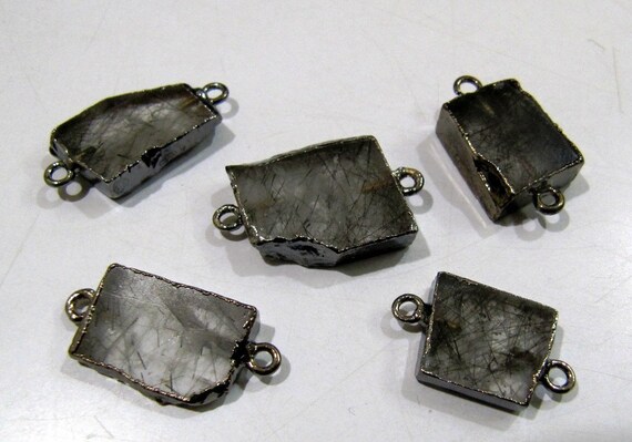 2Pc.- Natural Black Rutilated Quartz Slice Connector Free Form Double Loop 1 inch approximately Top Quality Electroplated Connectors