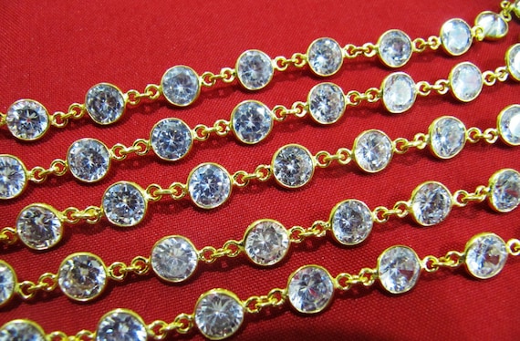 1 Foot- Cubic Zirconia Briolette Round Coin Shape Size 6mm  Bezel Gold /Silver/Black/Rose Gold Plated Handmade Tiff Connector Chain