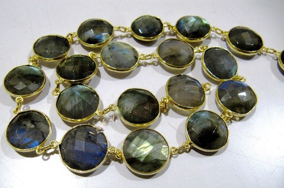 Natural Labradorite Coin Round Shape Briolette faceted Bezel Connector Chain 11mm Gold/Silver/ Black Rose Gold Plated Sold Per Foot
