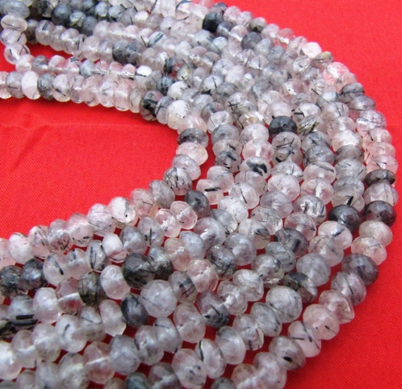 Natural Genuine Black Rutilated Quartz  Rondelle Faceted Beads Size 7-8mm Sold per Strand of 13inch Long Semi Precious Jewelry