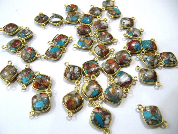 Natural Oyster Copper Turquoise Cushion Shape 10mm Briolette Connectors  Corner Double Loop Bezel Charms Sold per Piece