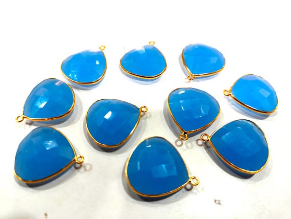 Natural Blue  Chalcedony  Heart Shape 20mm Briolette Single Loop Gemstone Bezel Connector Charms