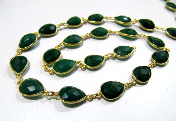 3 Feet-Natural Green Onyx Pear Shape Briolette Faceted Bezel Connector Chain 10x15mm Gold/Silver/Rose Gold/Black Plated Wholesale price