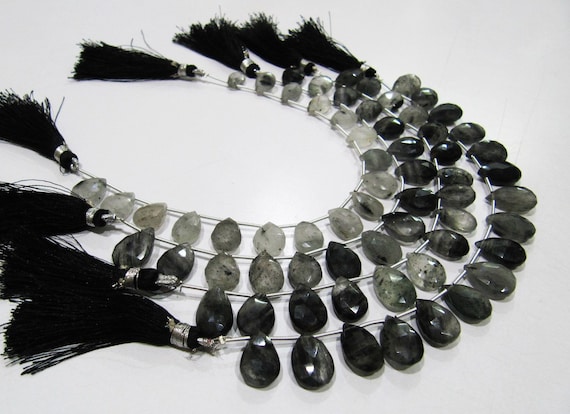 Natural Genuine Black Rutilated Quartz Pear Shape Briolette Beads, Size 10x13 to 11x16mm Black Rutile Heart Shape Beads, Strand 8Inch Long