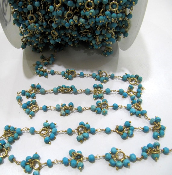 Natural Turquoise magnesite  Rondelle 3-4mm  Faceted Beaded Rosary Flower Cluster Chain Sold Per Foot High Quality Wholesale Prices