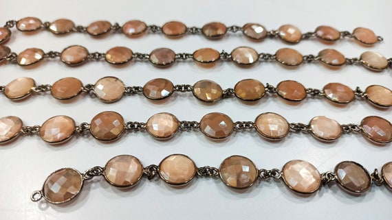 Natural Peach Moonstone Coin Shape Briolette Mystic Coated 12mm Bezel Connector Chain Sold Per Foot