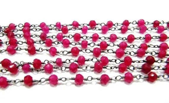 Ruby Quartz Rondelle Faceted  3-4mm Beads wire wrapped Rosary Chain Wholesale Prices Jewelry Making Gemstone chain sold per foot