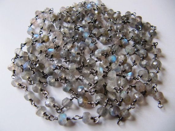 Natural Labradorite Rondelle Faceted 3-4mm Beaded Rosary Chain Wholesale Prices Jewelry Making Gemstone chain Handmade chain sold by Foot