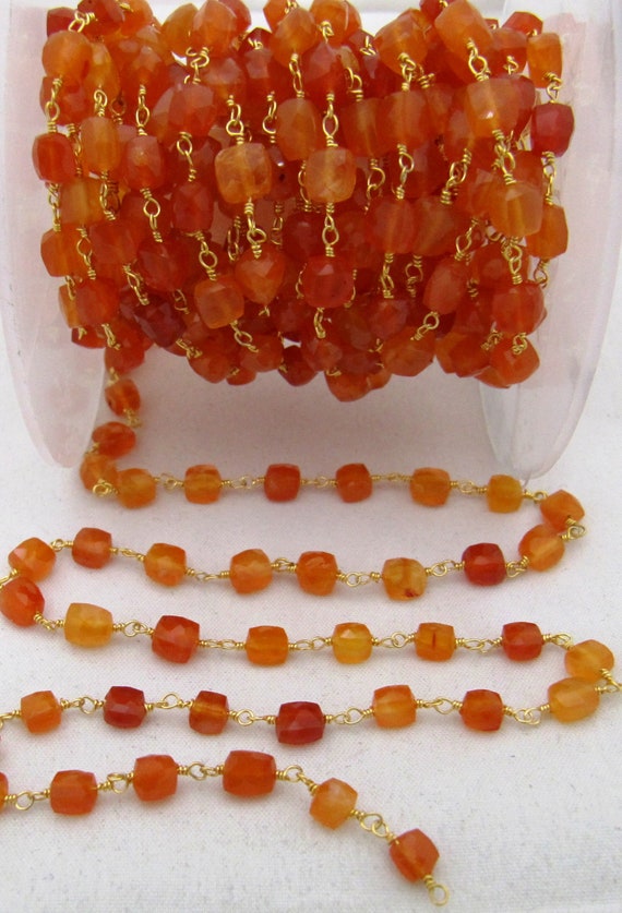 Natural Carnelian  Cube Box Shape Faceted Beaded Size 6-7mm Red Onxy Cube shape Rosary Chain Wholesale Prices Sold Per Foot  chain