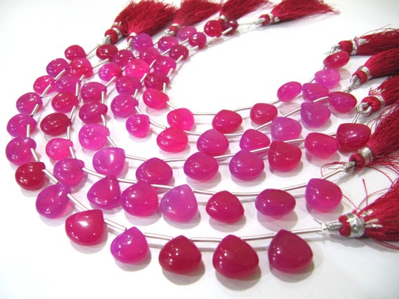 Natural Hot Pink Chalcedony Heart Shape Plain Smooth 11-12mm Size Beads strand 8 inches long Untreated Genuine Jewellery making Beads