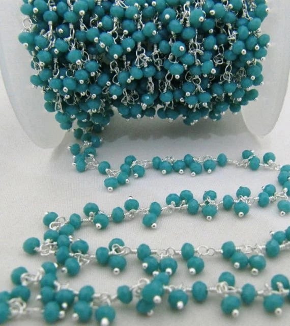 Dark Amazonite  Rondelle Faceted Beaded Dangling Thick  Chain 3-4mm Size Hydro Quartz Bead Rosary Chain Wholesale Prices per foot