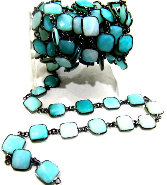 Natural Peruvian Blue Opal Cushion Shape Size 9 to13mm Briolette Faceted Bezel Connector Chain Sold Per Foot High Quality Wholesale Prices