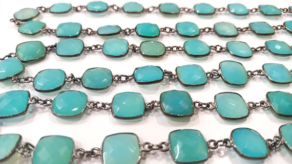 Natural Aqua Blue Chalcedony Cushion Shape 12 to 13mm Gemstone Bezel Connector Chain Sold Per Foot Great Quality Black plated Chain